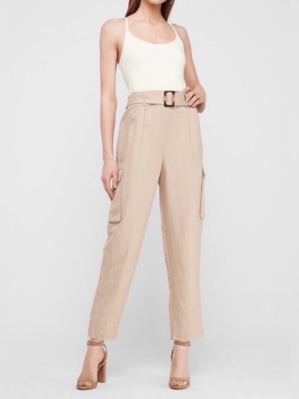 Express Beige & Cream Utility Jumpsuit with Belted Waist Women’s Small